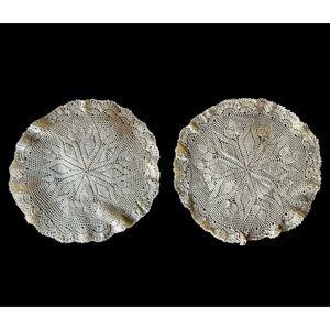 Pair Of Handcrafted Cotton Lace Doilies 12" Diameter Cream Wedding Granny Core